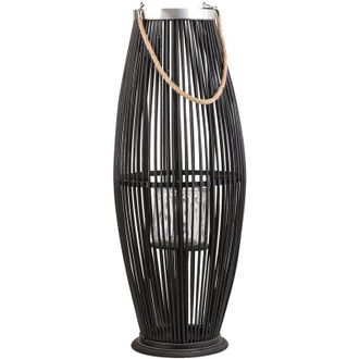 Beliani Linterna De Bamb&uacute; Madera Negra Y Vidrio 72 Cm Interior Exterior Tejido Candelero Escandinavo Boho Tahiti