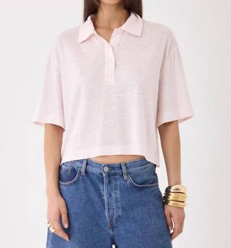 Majestic Filatures Stretch Linen Crop Elbow Sleeve Polo Top In Eau De Rose