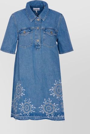 Ganni denim dress with embroidered hem and pockets