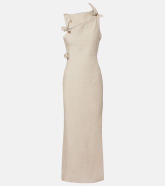 Coperni Abito lungo asimmetrico in lino con applicazioni floreali