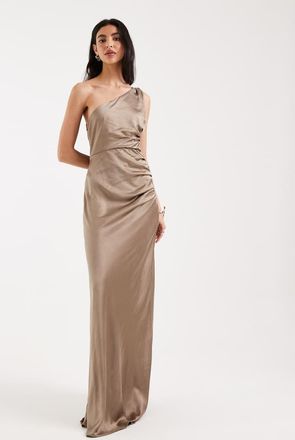 Six Stories Vestito lungo da damigella monospalla in raso color caffellatte con dettaglio raccolto-Neutro