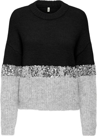 Only Rundhalspullover ONLY ONLMAINE LIFE LS SEQUIN BLOCK O-NECK KNT, Damen, Gr. XL, schwarz detail:sliver sequins, light grau mel, Strick, Obermaterial: 70