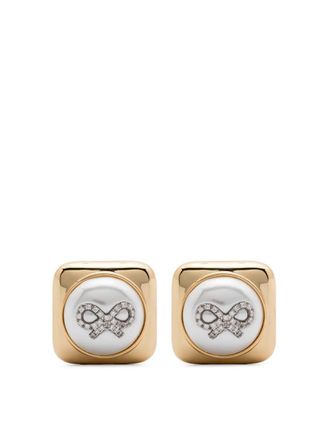 Self Portrait Bow Square earrings - women - 18kt Gold Plated Brass/Faux Pearl - One Size