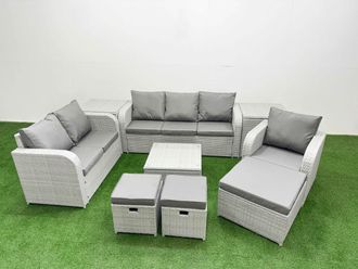 Fimous Patio PE Wicker 9 Seater Outdoor Rattan Furniture Sofa Sets w/ Square Coffee Table Reclining Chair Loveseat Sofa 3 Seater Sofa Stool 2 Side