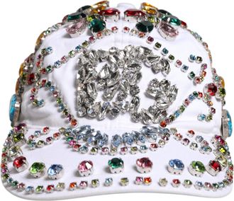 Dolce & Gabbana White Multicolor Crystal Embellish Baseball Mens Cap
