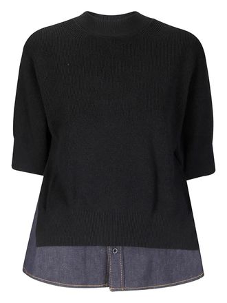 sacai denim-panel knit top - Black