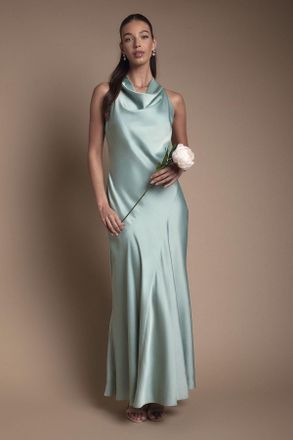 Oasis Womens by Coast Cowl Halterneck Satin Maxi Bridesmaid Dress - Green - Size 10 UK