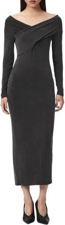 AllSaints Delta Off the Shoulder Long Sleeve Maxi Dress in Black at Nordstrom, Size 12