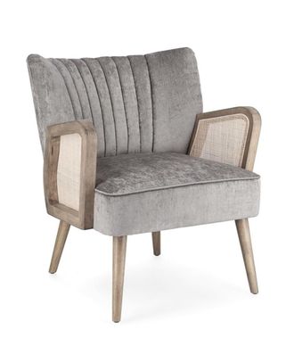 Konte Design Sill&oacute;n de tela efecto terciopelo gris, patas y reposabrazos de madera