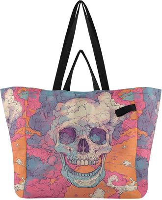 Generic Cloud Skull Orange pattern Reusable Canvas Tote Bag, Heavy Duty Grocery Shopping Bag with Large Capacity Double Handles Hard Bottom Work Groceries Tra