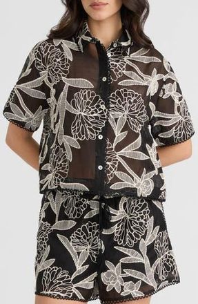 NVLT Embroidered Georgette Short Sleeve Camp Shirt in Black/Cream at Nordstrom Rack, Size X-Small