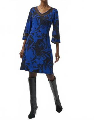 Joseph Ribkoff Floral Print V-Neck 3/4 Sleeve A-Line Dress In Black/royal Sapphire
