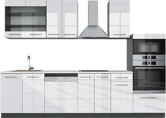 Vicco Mueble De Cocina Fame-line, Blanco Brillo/antracita, 300 Cm Con Armario Alto, Et M&aacute;rmol, Vicco