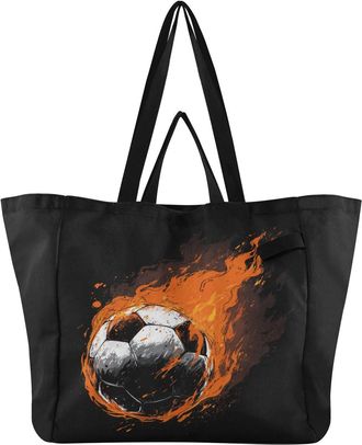 Generic Soccer Fire Orange pattern Reusable Canvas Tote Bag, Heavy Duty Grocery Shopping Bag with Hard Bottom Double Handles Large Capacity Work Groceries Tra