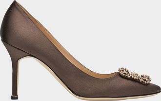 Manolo Blahnik 90mm Hangisis Satin Pumps with Crystal Buckle