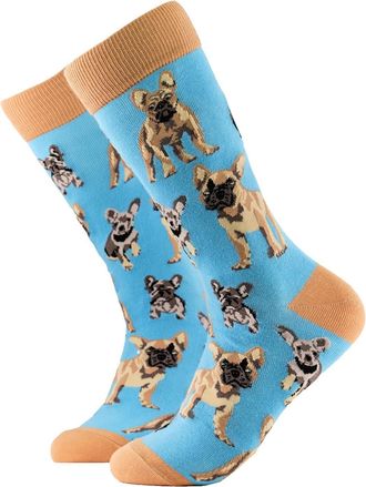Generic Frenchie Dog Pattern Crew Socks, Blue, Mens Boys Size 9-12, Tan French Bulldog