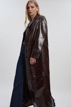 Karen Millen Womens High Shine Croc Embossed Leather Belted Trench Coat - Red - Size 10 UK