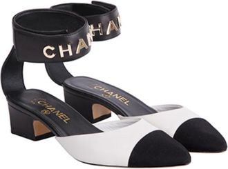 Chanel Black and White Logo Ankle Strap Pumps Size 38