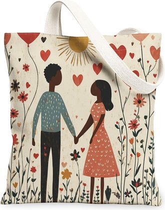 Generic Aesthetic Valentines Day Canvas Tote Bag for Shopping 13x15, Retro African American Couple Reusable Grocery Print Bag for Women, Love Lover Beach Aest