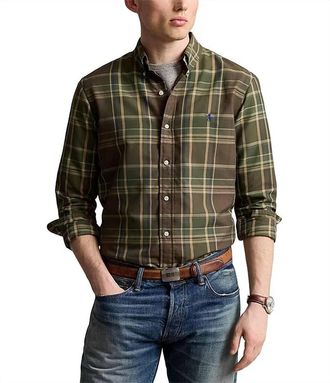 Polo Ralph Lauren Classic Fit Plaid Performance Long Sleeve Oxford Shirt In Green/brown