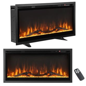 Costway Costway 36 Inch Electric c Wall-Mounted Recessed Freestanding Fireplace in Black
