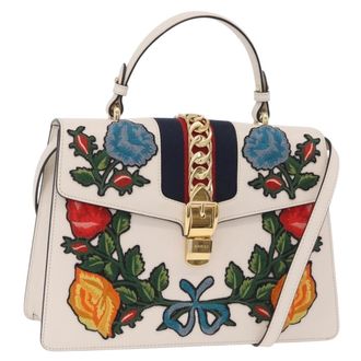 Gucci Sylvie Top Handle Embroidered Leather White Leather Handbag (Pre-Owned)