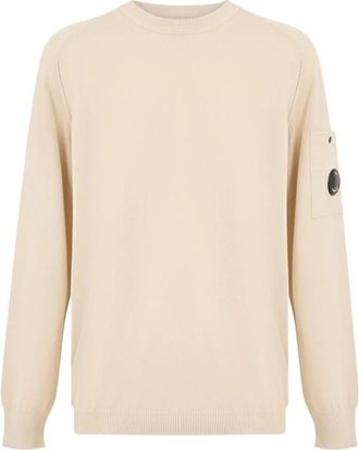 C.P. Company Cotton Crepe Crewneck Lens Sweater - Heren - Ronde hals truien - Beige - S - Katoen - Truien & Vesten