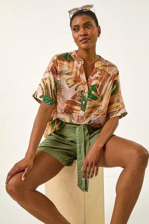 Roman Abstract Print V-Neck Button Top