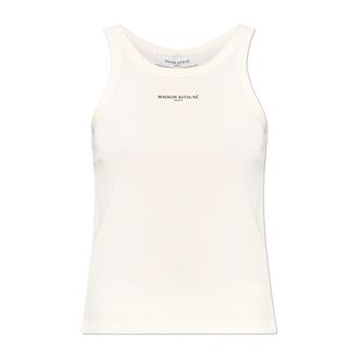 Maison Kitsun&eacute; Sleeveless Tops, female, Beige, Size: XS Ribbed top with printed logo