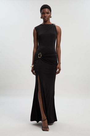 Karen Millen Womens Drapey Crepe Trim Detail Ruched Maxi Dress - Black - Size X-Small