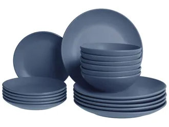 Beliani Set Di 18 Piatti In Gres Fatto A Mano Con Finitura Smaltata Blu Vivani