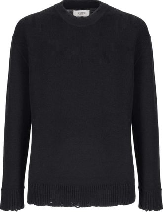 Laneus Round-neck Knitwear, male, Black, Size: S Black Crew Neck Sweater with Logo Patch