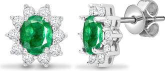 Jewelco London 18ct White Gold Diamond Green Emerald Royal Cluster Stud Earrings - 18E141