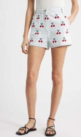 Farm Rio Cherry Embroidered High Waist Denim Shorts at Nordstrom, Size 24