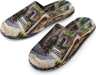 Generic Mediterranean Style Old Stone Buildings Mens Cotton Slippers Memory Foam Comfort House Shoes Winter Indoor Slipper for Hotel Casa Spa