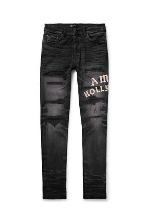 Amiri Hollywood Skinny-Fit Logo-Flocked Distressed Jeans