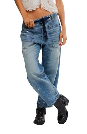 Free People Moxie Mid Rise Low Slung Tie Waist Nonstretch Jeans in Timeless Blue at Nordstrom, Size 30