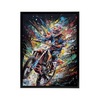 Artery8 Motorcycle Motocross Rider Colourful Framed Canvas Wall Art Print | Size: W24 x H32