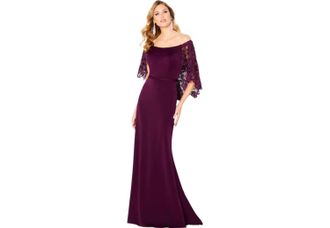 Mon Cheri Off-The-Shoulder Fit And Flare Gown In Eggplant