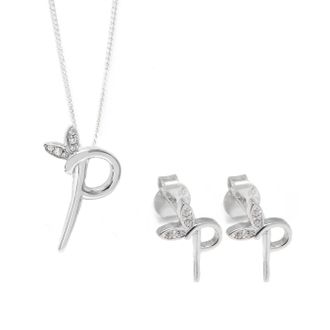 Say It With Winged Initial Earring Gift Set - Silver - P | Size: 18 inches