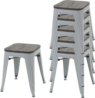 Hhg Hhg - Nunca Usado] Juego De 6 Taburetes 771 Incl. Asiento De Madera, Taburete De Metal Asiento Taburete, Metal Dise&ntilde;o Industrial Apilable, Gris