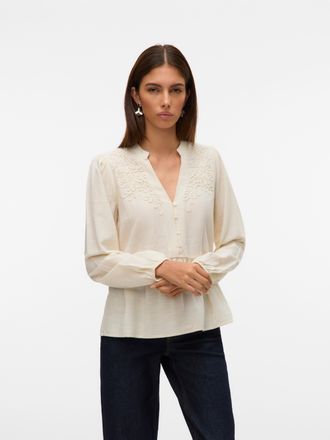 Vero Moda Blusentop VERO MODA VMLOUISE LS TOP WVN, Damen, Gr. M, beige (birch), Web, Obermaterial: 53% Baumwolle, 47% Viskose, unifarben, regular fit, V-Ausschn