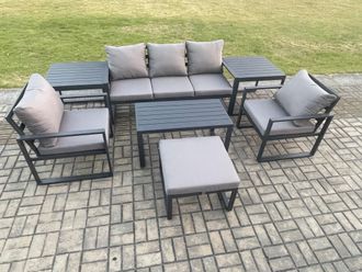 Fimous Aluminium Outdoor Furniture Set 6 Seater Garden Sofa with Oblong Coffee Table Big Footstool 2 Armchairs 2 Side Tables Dark Grey