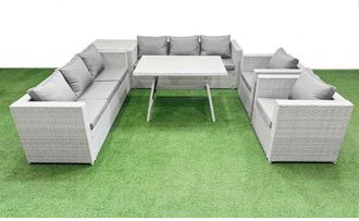 Fimous 8 Seater Garden Furniture Set pe Ratten Garden Sofa Set with Rectangular Dining Table Side Table Light Grey - Fimous