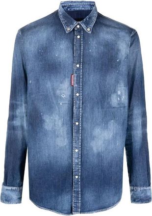 Dsquared2 Distressed Denim Shirt met Drukknoop - Heren - Spijkeroverhemden - Blauw - XL - Denim - Overhemden