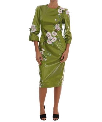 Dolce & Gabbana Womens Green Pink Roses Print Sheath Dress - Multicolour Silk - Size Small
