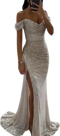 Generic Womens Maxi Dresses Elegant Sequined V-Neck Off Shoulder Bodycon Evening Party Prom Vintage Slim Gown (Color : D23, Size : Medium)