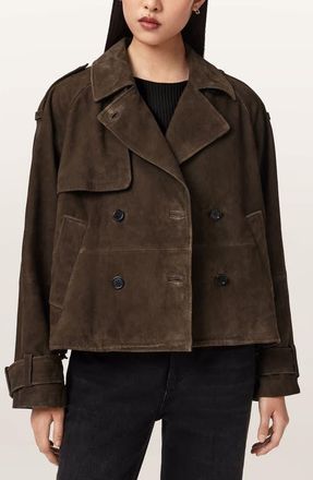 AllSaints Reya Suede Cropped Trench Coat in Bitter Brown at Nordstrom, Size X-Small