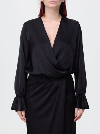 Hanita Cropped Satin V-Neck Blouse with Flared Long Sleeves