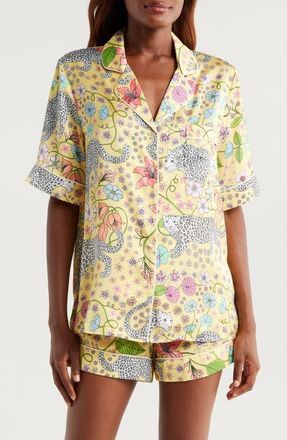 Karen Mabon Snow Leopard Satin Short Pajamas in Yellow at Nordstrom, Size X-Small
